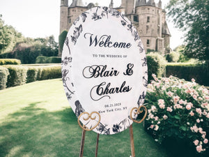 Oval Toile Floral Chinoiserie Bridal Shower or Wedding Reception WELCOME Sign, Luxury Elegant Round Welcome Entrance Signage For Birthdays