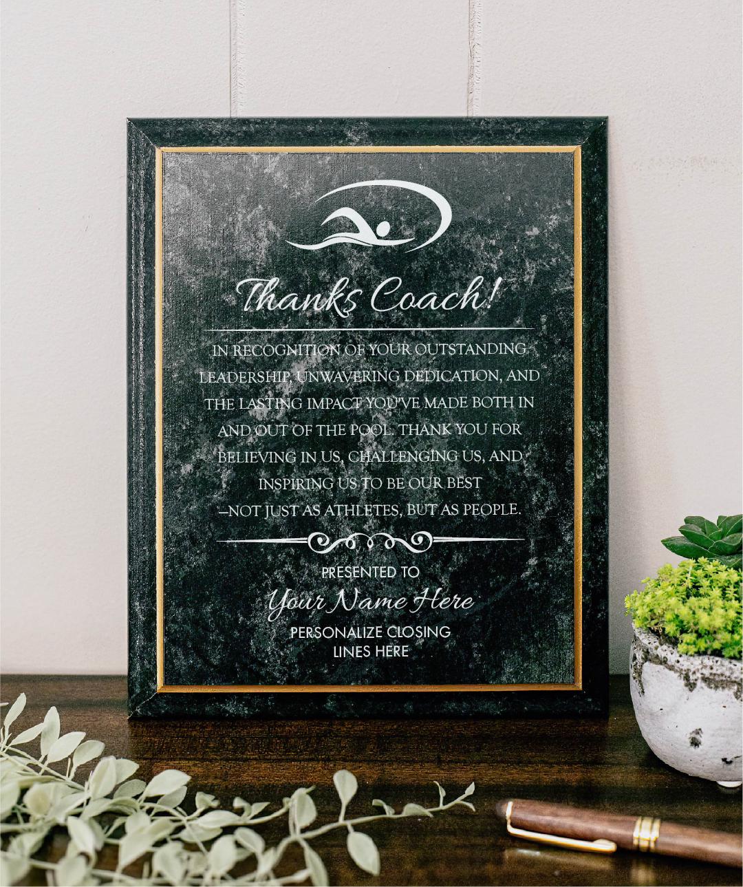 SWIM Coach Appreciation Award Varsity Sports Recognition Plaque