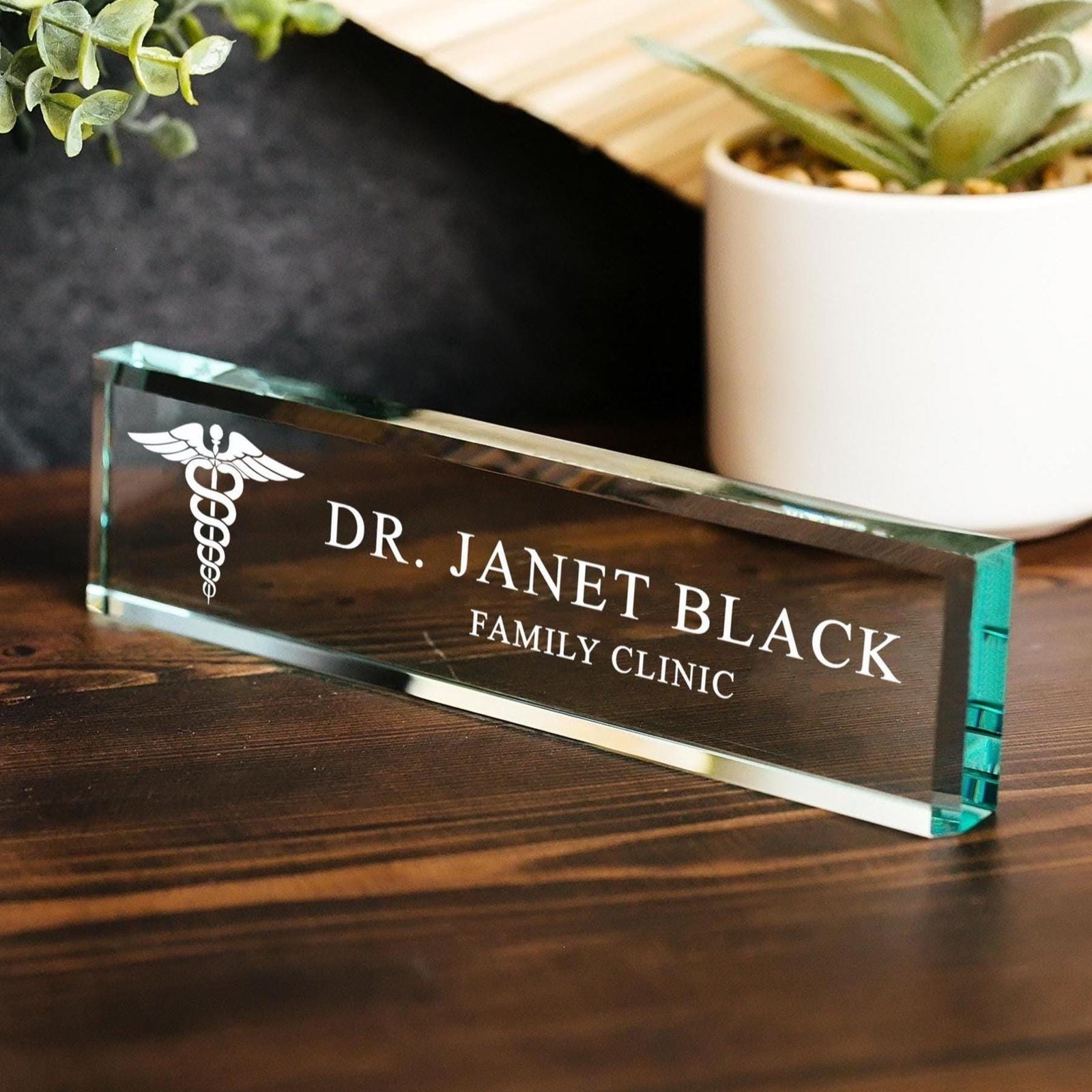 Physician MD Doctor Caduceus Glass Office Name Plate, PA Surgeon Nameplate, Medical Practitioner Appreciation Gift, Med School Graduation
