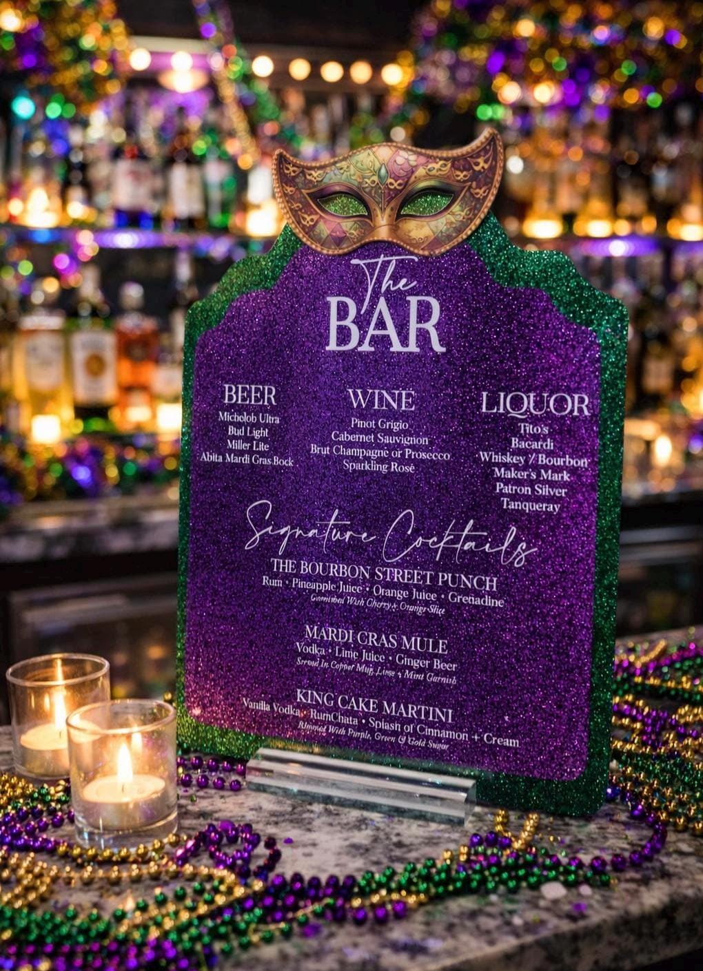 Mardi Gras Bar Sign – Layered Acrylic Mardi Gras Ball Sign With Luxury Drink List