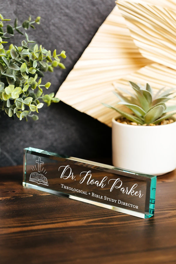 Pastor or Pastoral Staff Polished Glass Name Plate For Desk - Pink ...