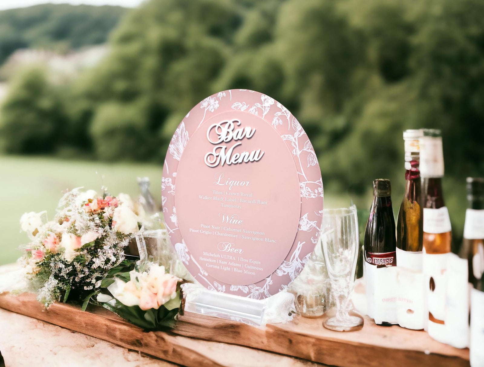 Oval Toile Floral Chinoiserie Bridal Shower or Wedding Reception Signature Cocktail Sign, Luxury Elegant Blush French Blue Bar Menu Drinks