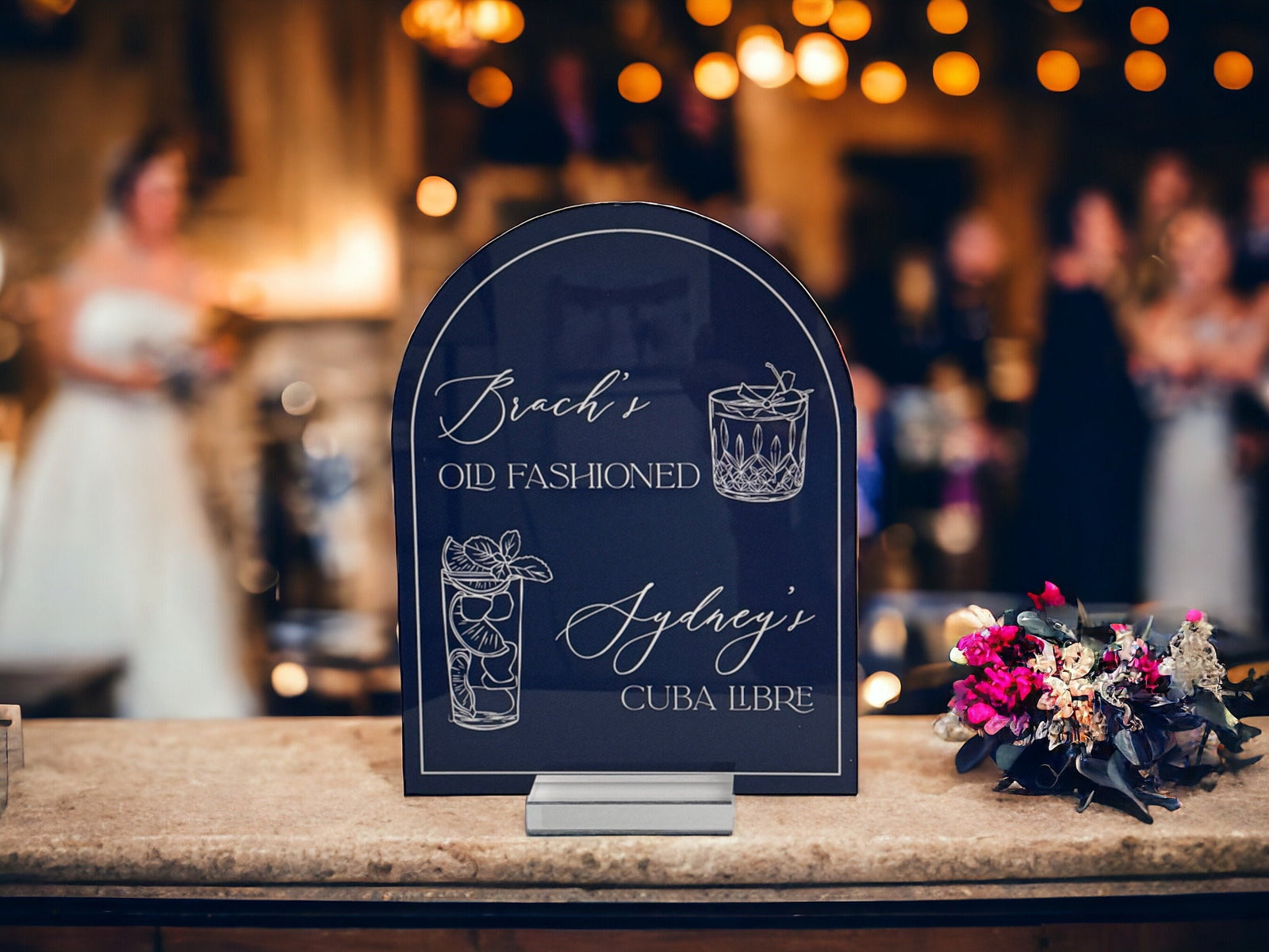 ARCH Bar Menu Signature Cocktails Custom Acrylic Wedding Sign, His Her Drink Menu Bar Table Sign, Navy Dusty Blue Blush Gold Sage Mauve