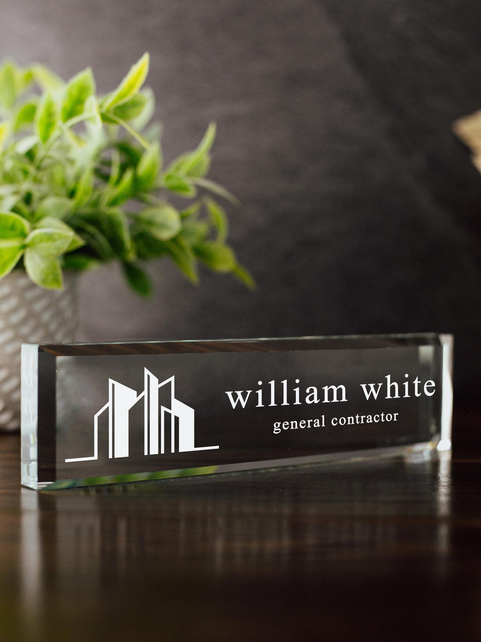General Contractor Glass Office Desk Name Plate, Clear New Interior Designer, Architect, Project Manager, Sleek and Stylish Office Decor GNP-GCPM