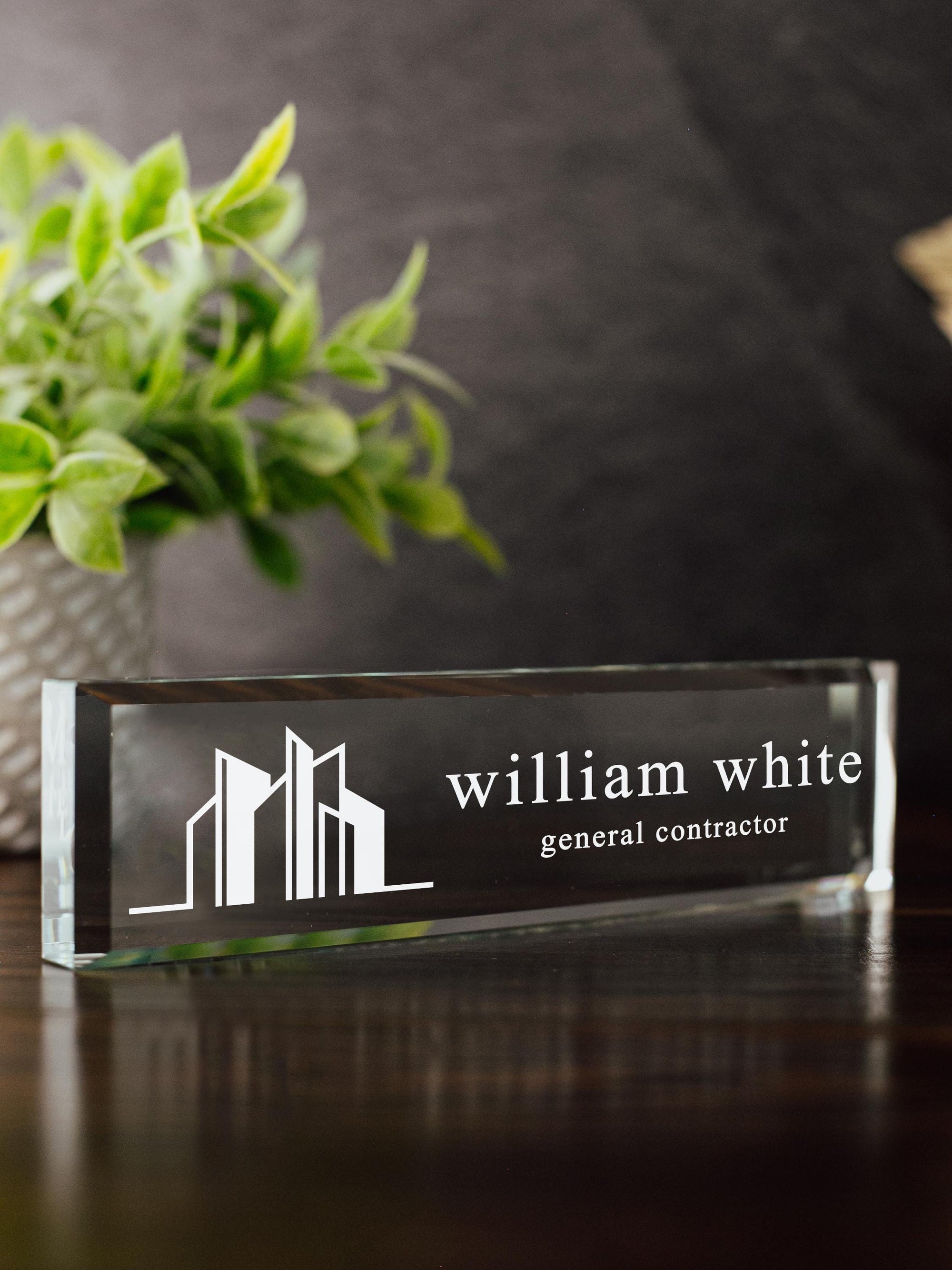 General Contractor Glass Office Desk Name Plate, Clear New Interior Designer, Architect, Project Manager, Sleek and Stylish Office Decor GNP-GCPM
