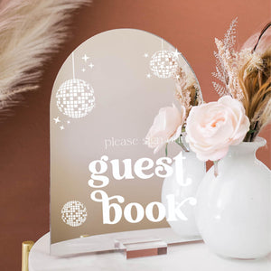 ARCH Gold Silver or Rose Gold Mirror Please Sign Our Guestbook Retro Disco Ball Wedding Reception Party Decor Guest Book Sign