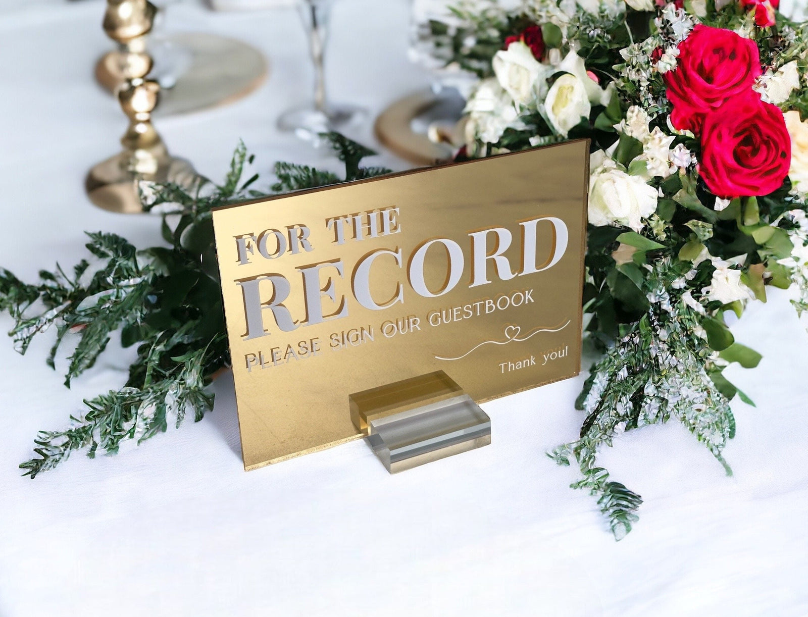 Gold Silver or Rose Gold Mirror For The Record Please Sign Our Guestbook Personalized Acrylic Wedding Reception Party Decor Guest Book Sign