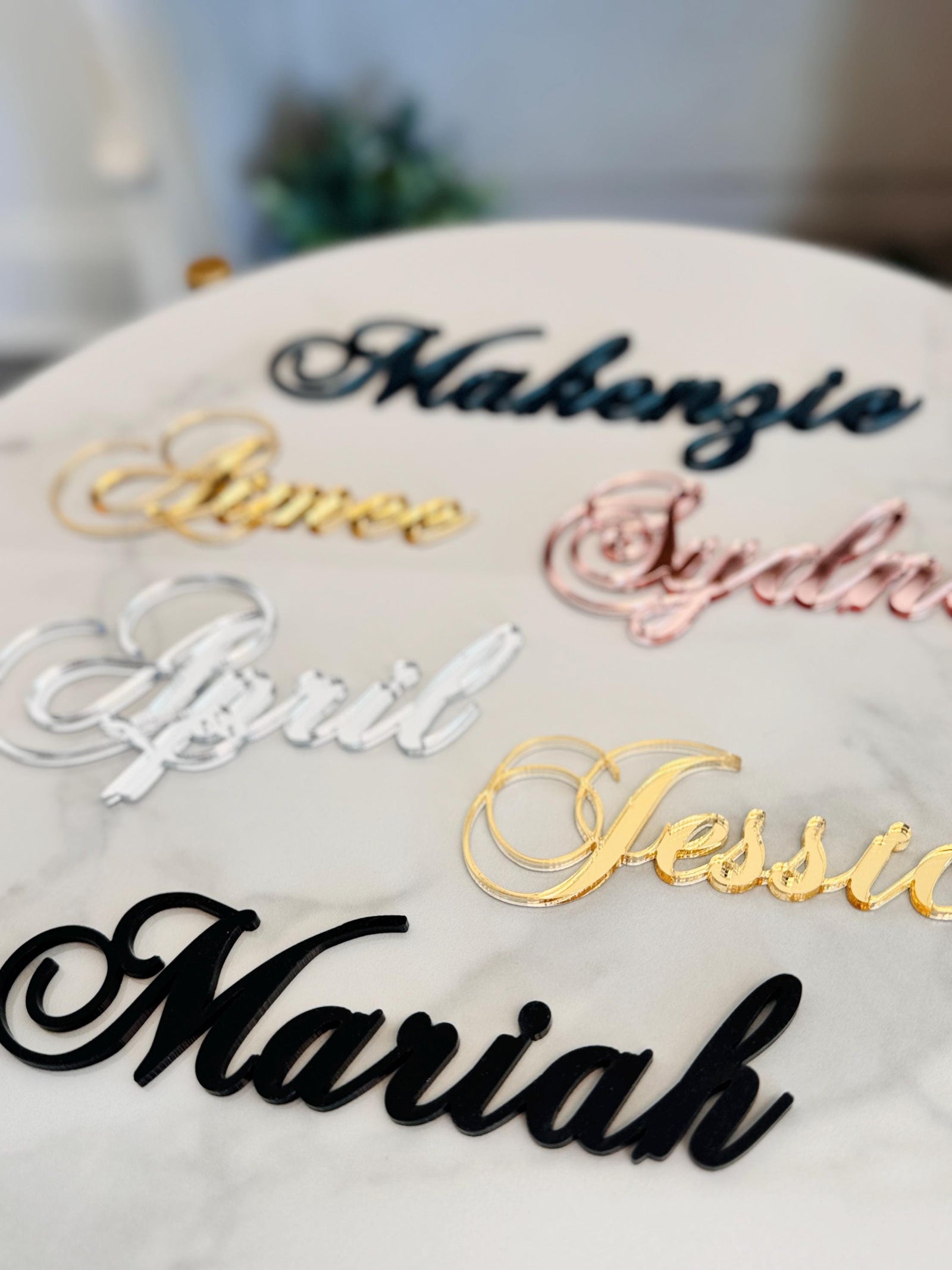 Custom Laser Cut Wedding Name Place Card Cut Outs, Gold, Silver Personalized Event Party Table Setting Guest Name Cutout, 2 inches in height