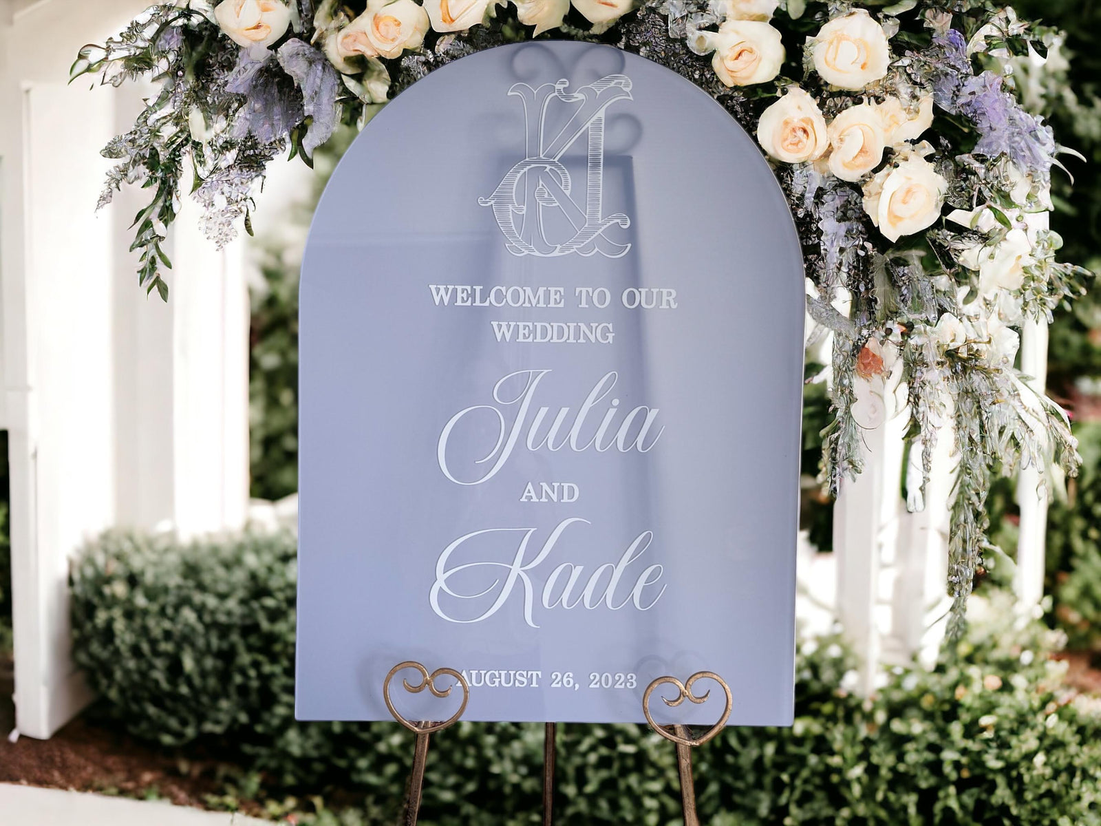 Arch CUSTOM Color Monogram Crest Acrylic Wedding Welcome Sign, Chinoiserie French Country Dusty Blue Signage