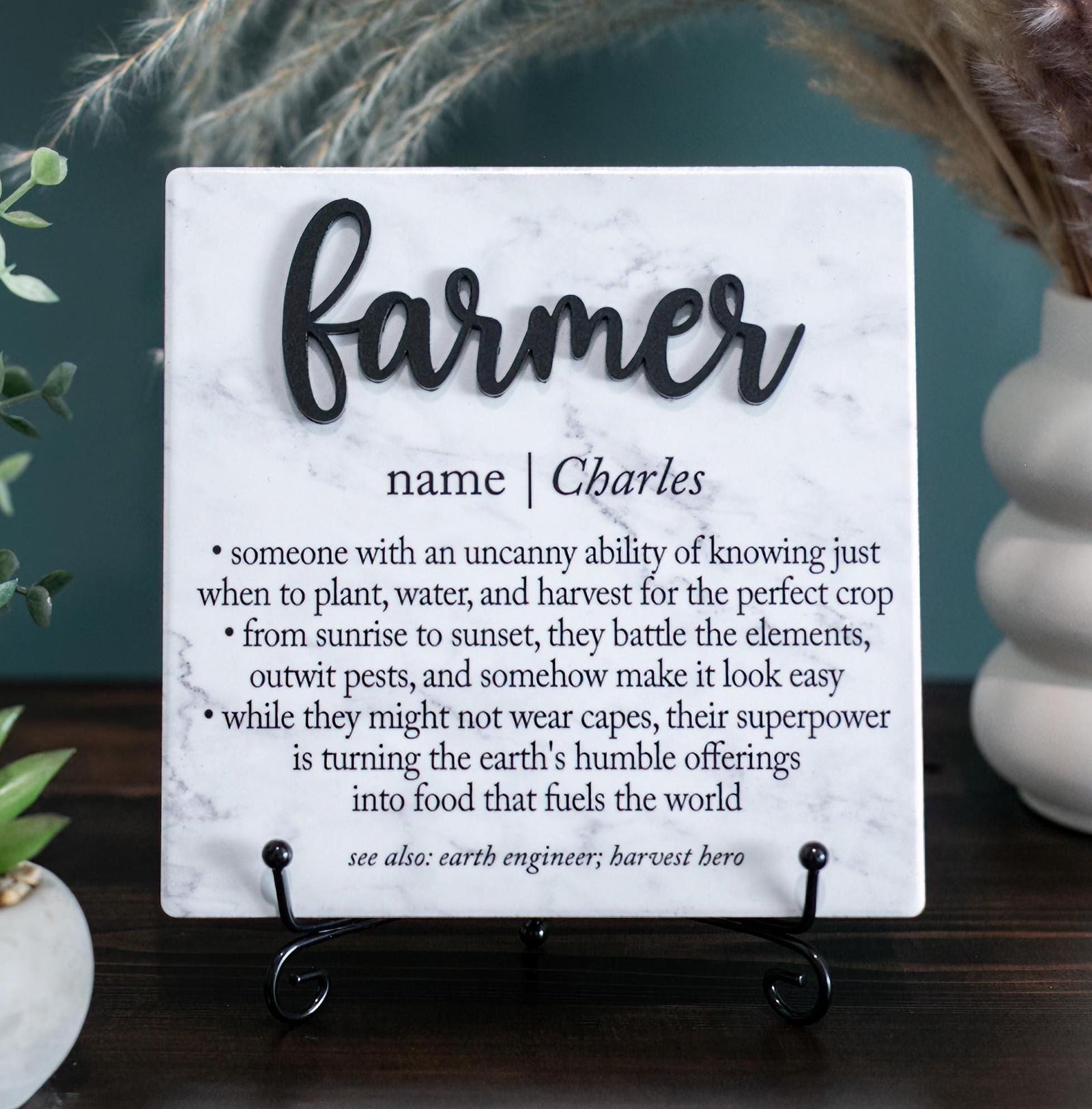 TP-3DFARM 3D Farmer Ceramic Tile Plaque Gift, Personalized Thank You Present For Dad or Grandpa; Work Anniversary Farm to Table Decor; Retirement 2024