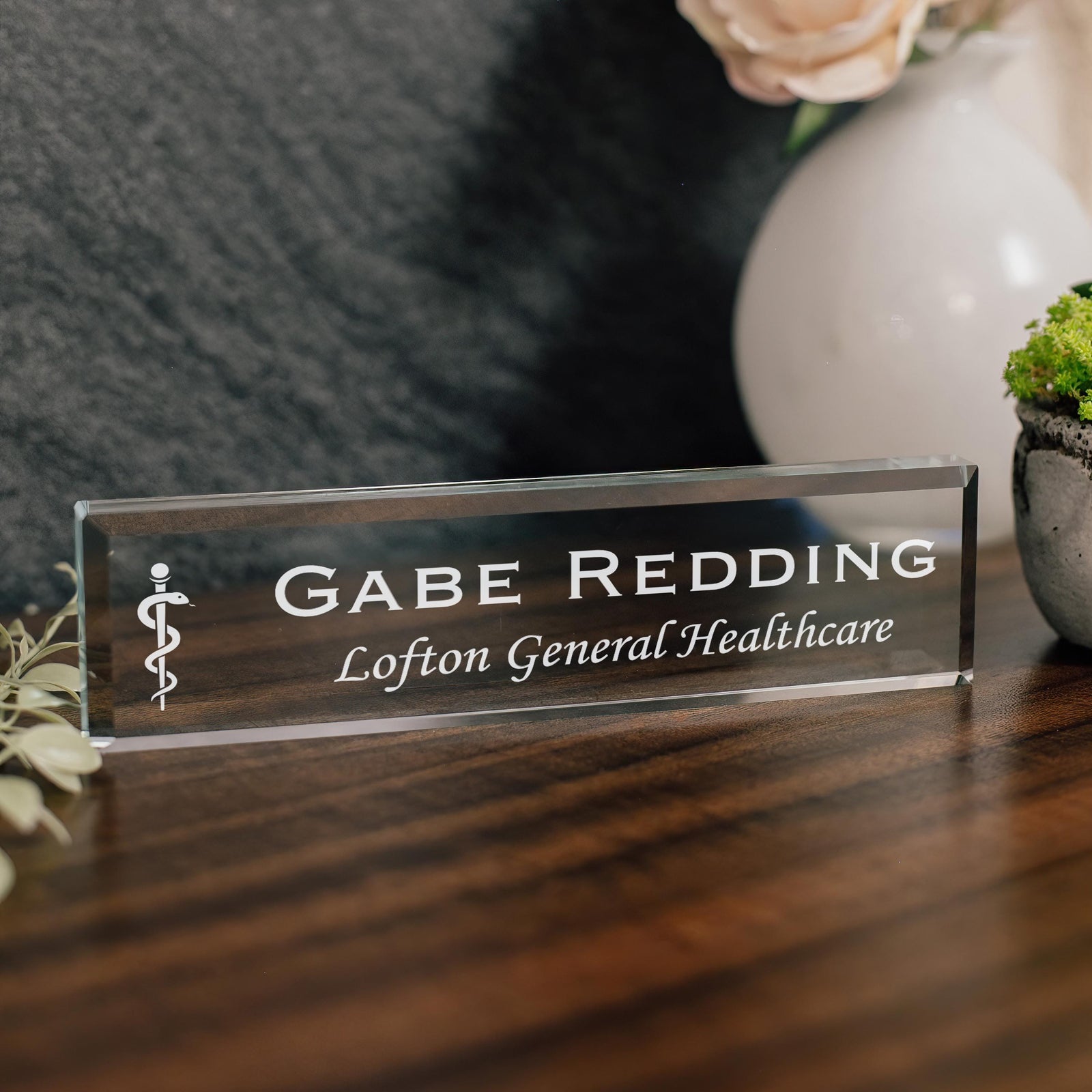 Healthcare Glass Office Desk Name Plate Rod of Asclepius Nameplate