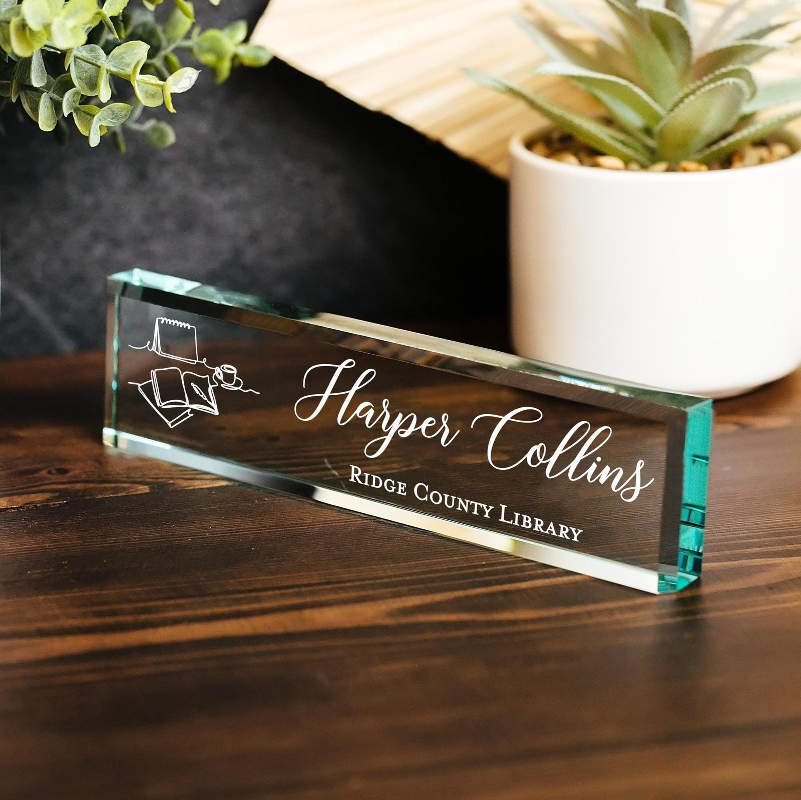 Line Drawn Nameplate Design, Crystal Personalized Desk Block, Glass Name Plate for Office, Design Your Own Choosing Font, Icon and Color GNP-REC