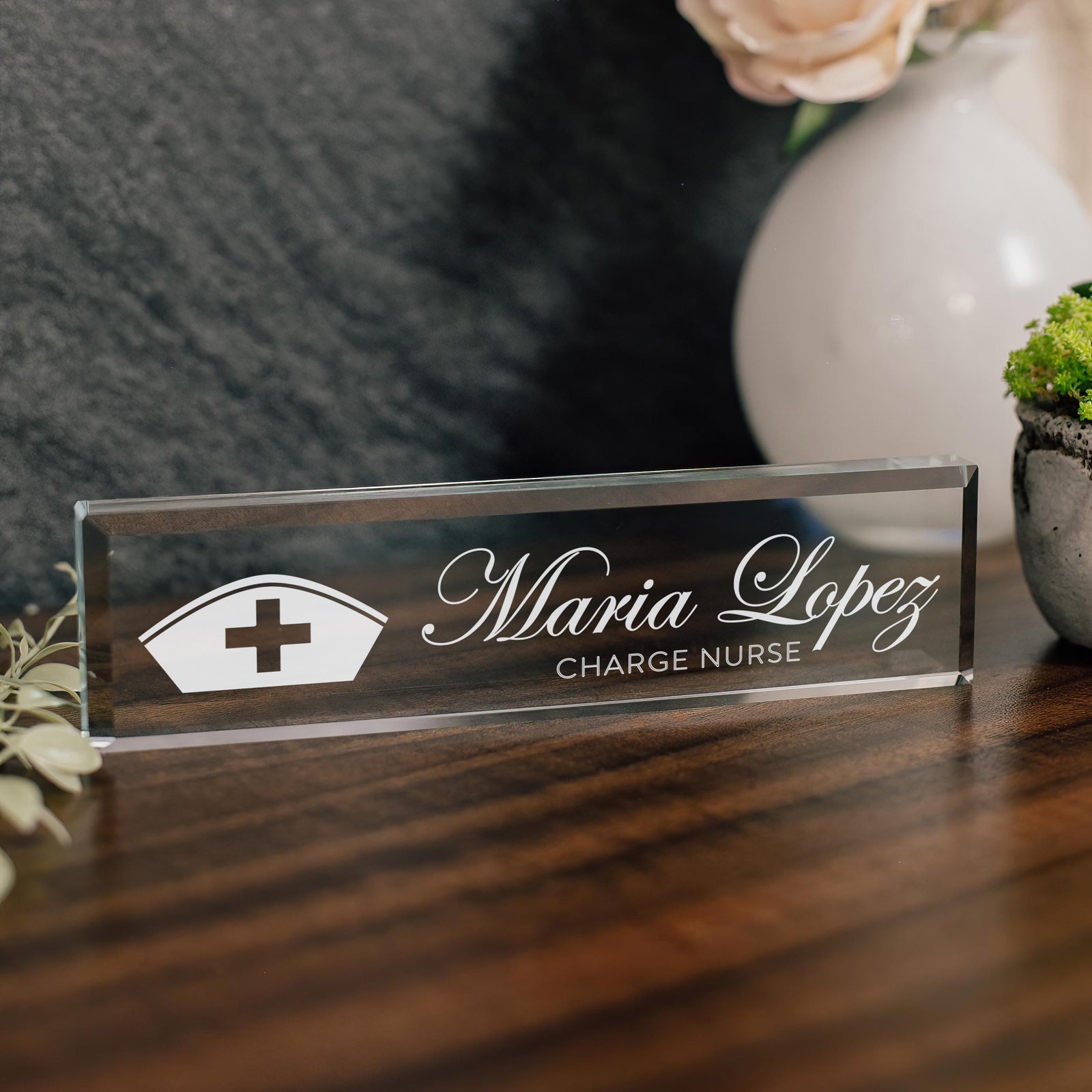 LPN, RN, Nurse Glass Office Desk Name Plate
