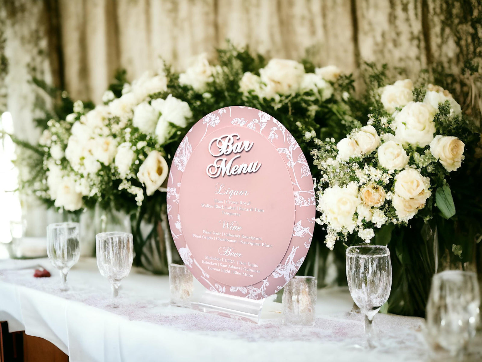 Oval Toile Floral Chinoiserie Bridal Shower or Wedding Reception Signature Cocktail Sign, Luxury Elegant Blush French Blue Bar Menu Drinks