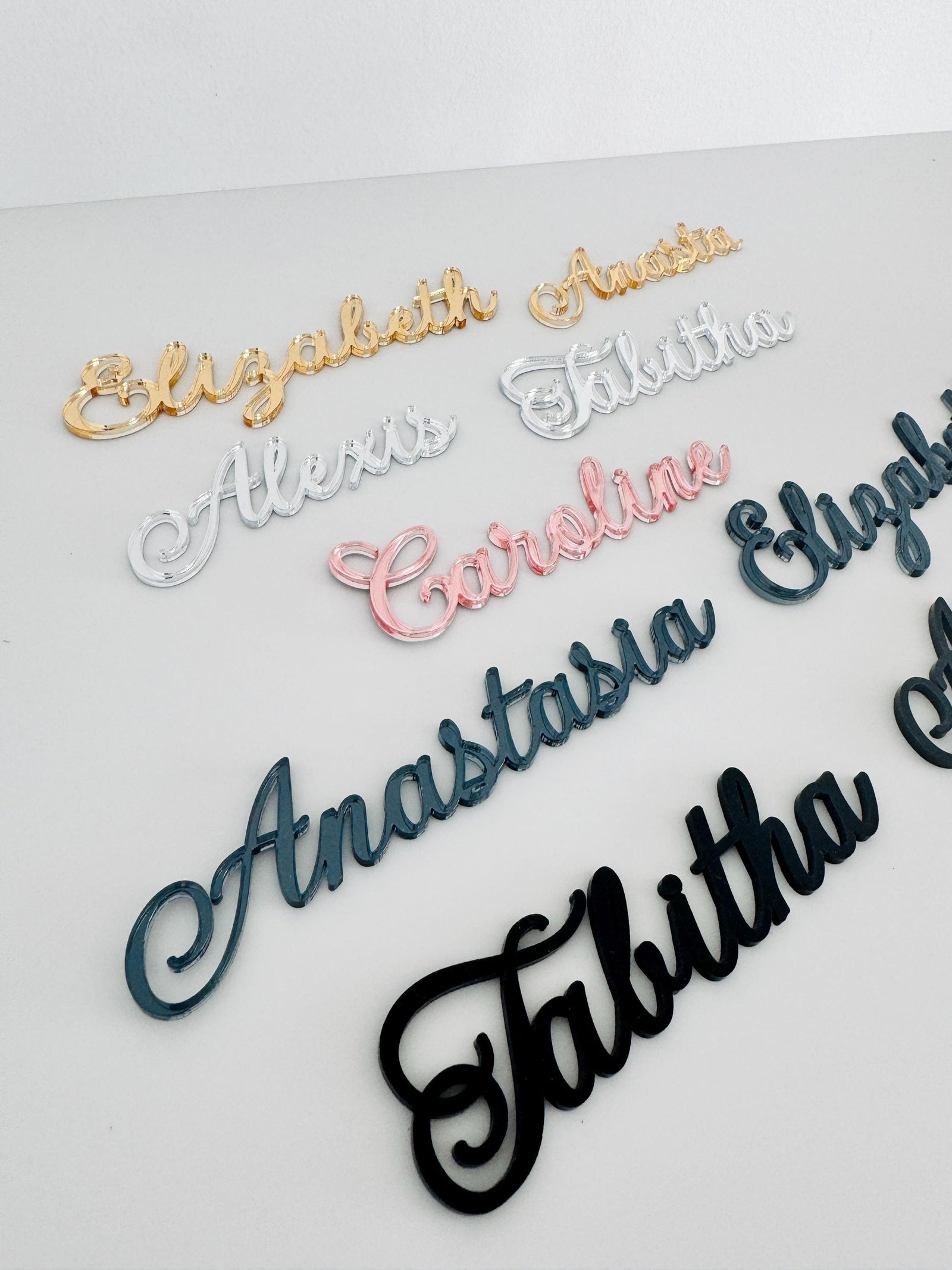 Custom Laser Cut Wedding Name Place Card Cut Outs, Gold, Silver Personalized Event Party Table Setting Guest Name Cutout, 2 inches in height