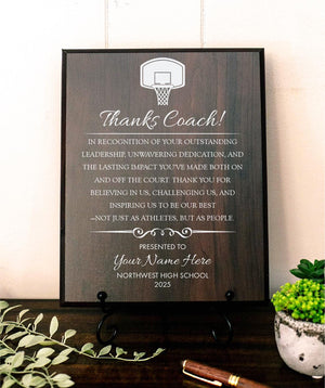 BASKETBALL Coach Appreciation Award Varsity Sports Recognition Plaque