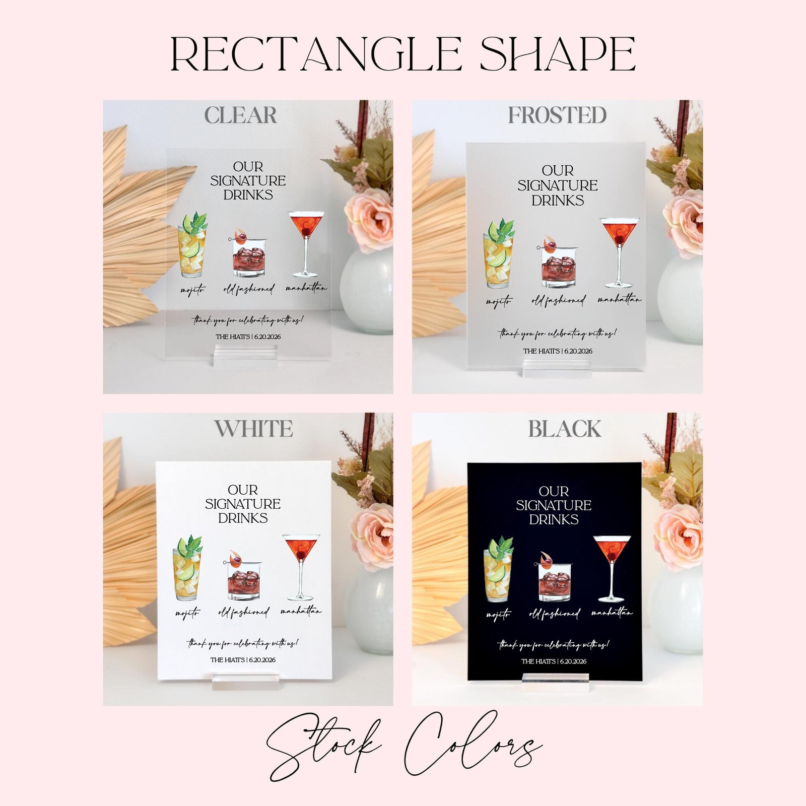 Our Signature Drinks Cocktail Hour Bar Menu Acrylic Sign for Wedding Reception Event Party Planning Bride and Groom Old Fashioned, Margarita