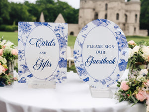 Toile Sign SET Bundle Wedding Chinoiserie Acrylic Signs Blue Floral Elegant French Event Signage, Guestbook, Cards and Gifts, Loving Memory