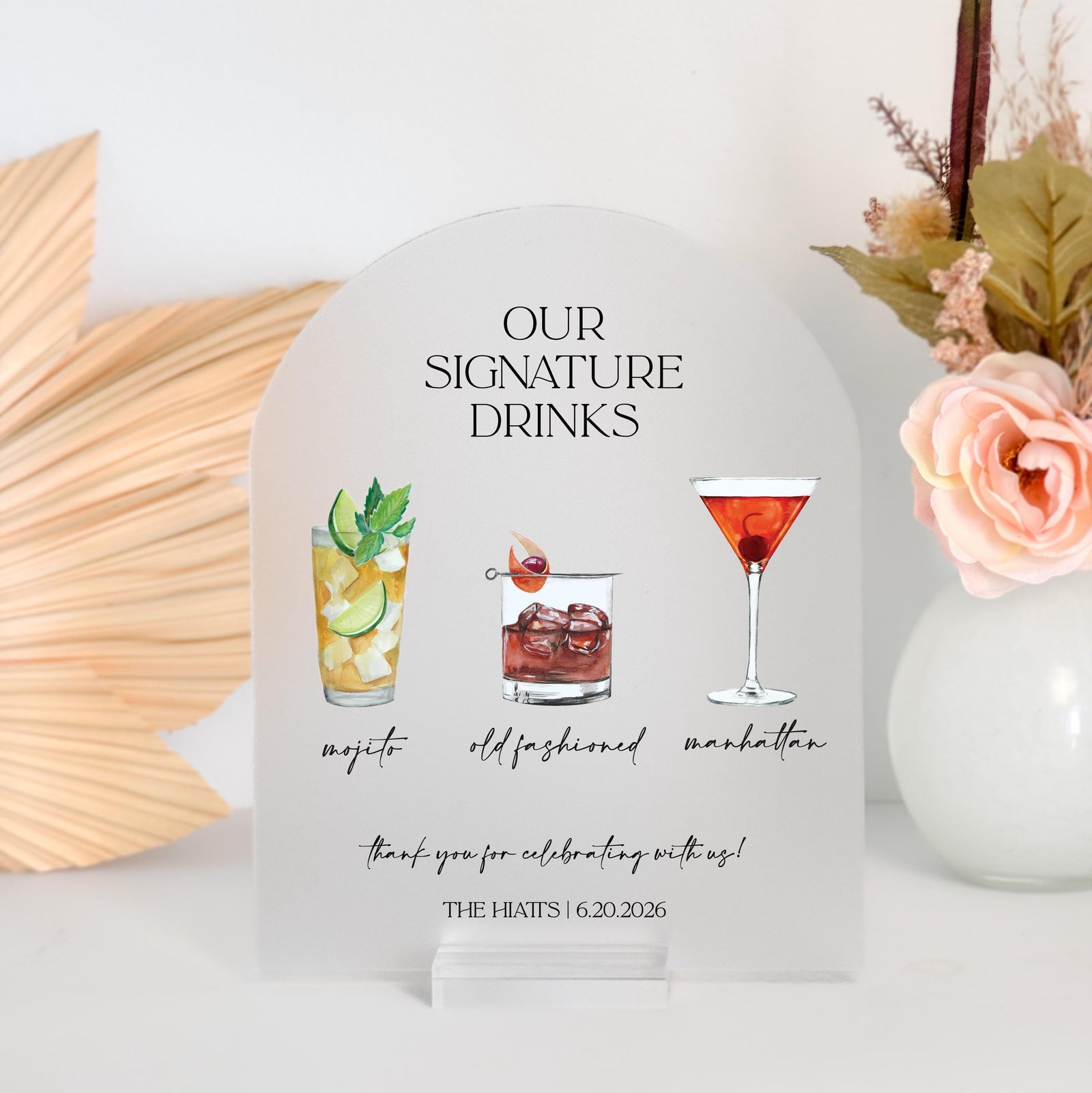 Our Signature Drinks Cocktail Hour Bar Menu Acrylic Sign for Wedding Reception Event Party Planning Bride and Groom Old Fashioned, Margarita