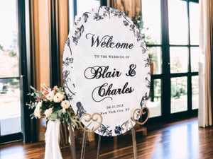 Oval Toile Floral Chinoiserie Bridal Shower or Wedding Reception WELCOME Sign, Luxury Elegant Round Welcome Entrance Signage For Birthdays