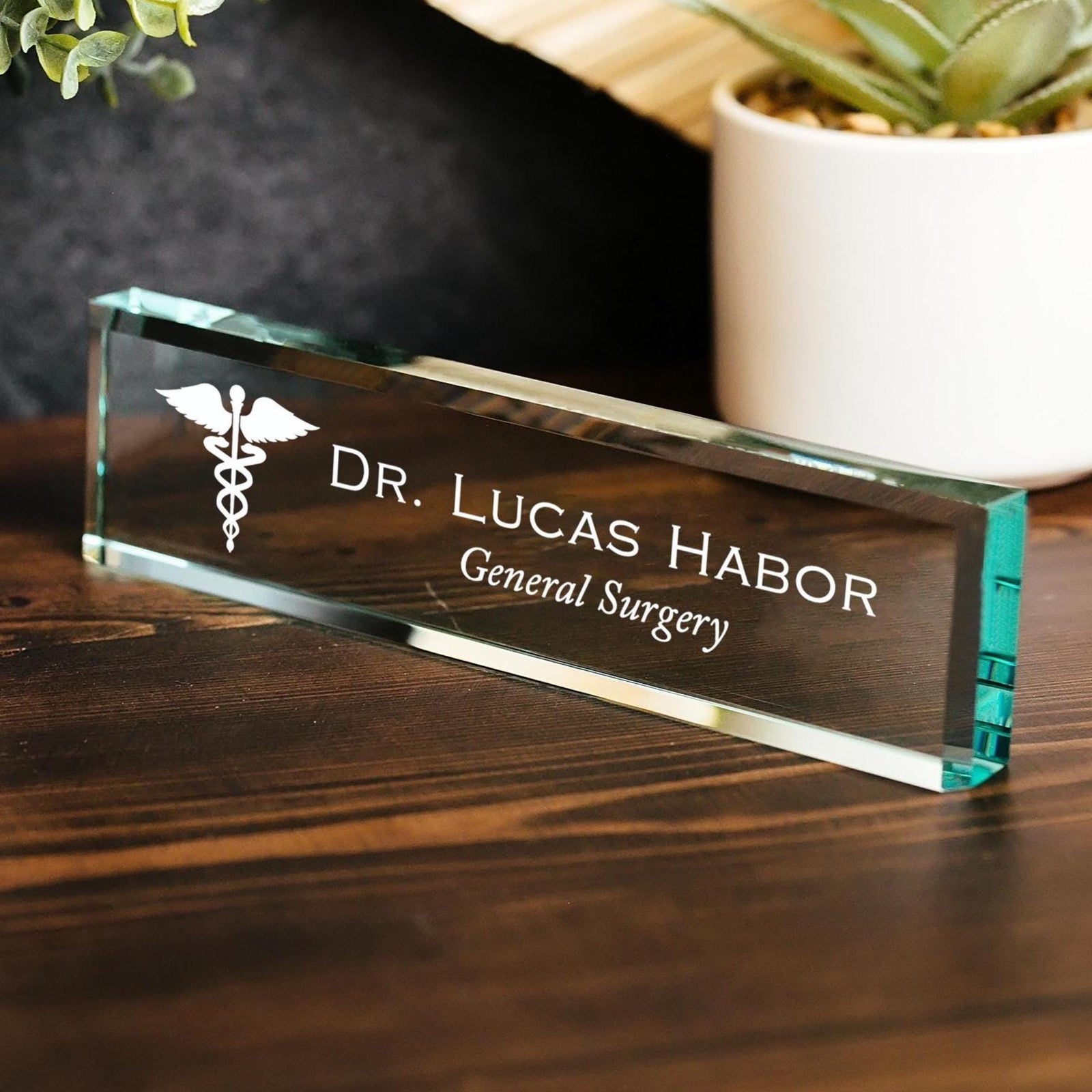 Physician MD Doctor Caduceus Glass Office Name Plate, PA Surgeon Nameplate, Medical Practitioner Appreciation Gift, Med School Graduation