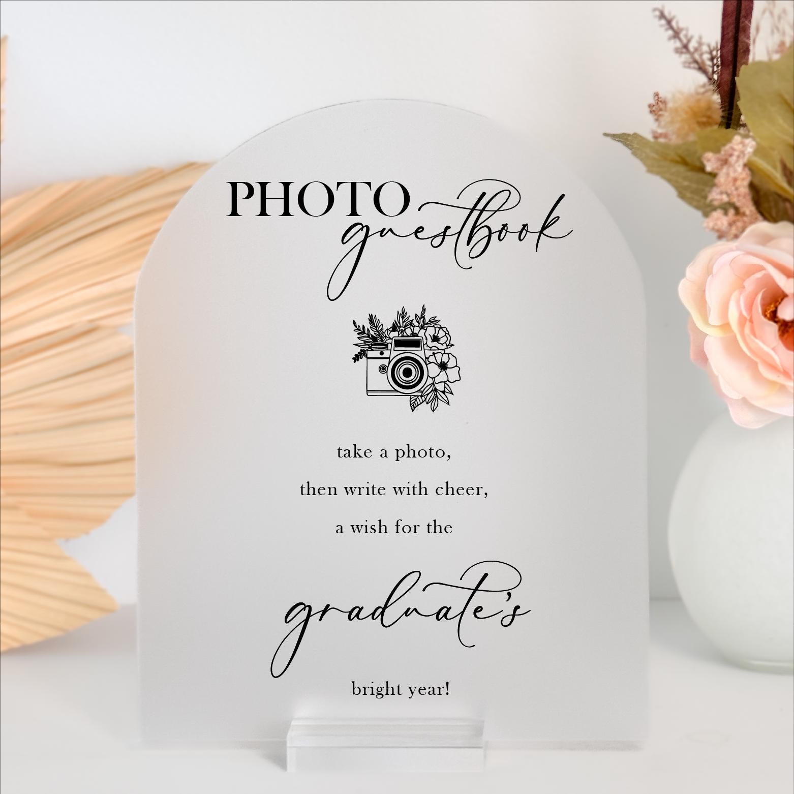 F9-GRD6 Photo Guestbook Personalized Acrylic Graduation Sign Decor, Cap + Gown Party Ideas, Class of 2025, Grad Event, School Colors Celebration