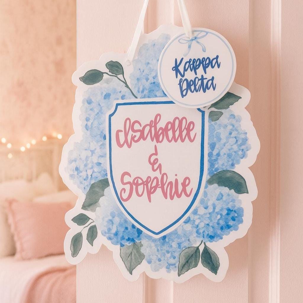 Hydrangea Coquette Bow Door Hanger – Blue & Pink Floral Dorm Decor, 20” UV Printed Sign with Ribbon, College Room or Porch Accent