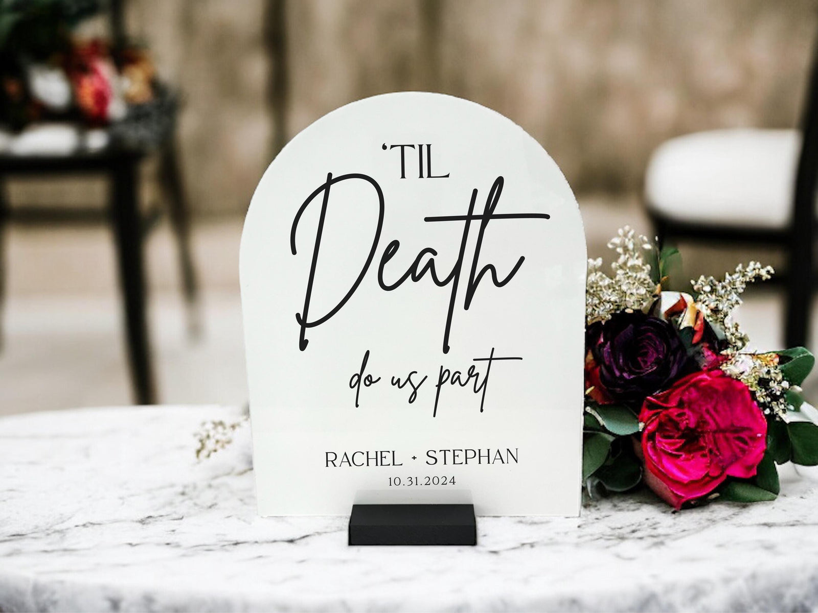 Til Death Do Us Part Wedding Gothic Moody Acrylic Sign, Personalized Names Halloween Themed Gothic Black Wedding Centerpiece Decor