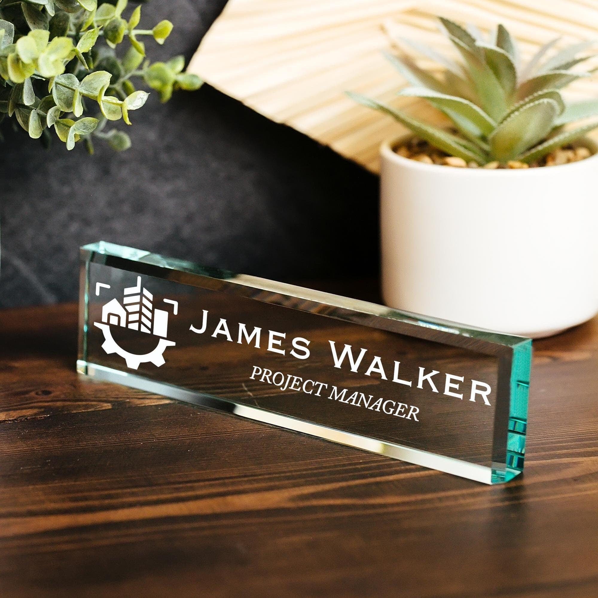 General Contractor Glass Office Desk Name Plate, Clear New Interior Designer, Architect, Project Manager, Sleek and Stylish Office Decor GNP-GCPM
