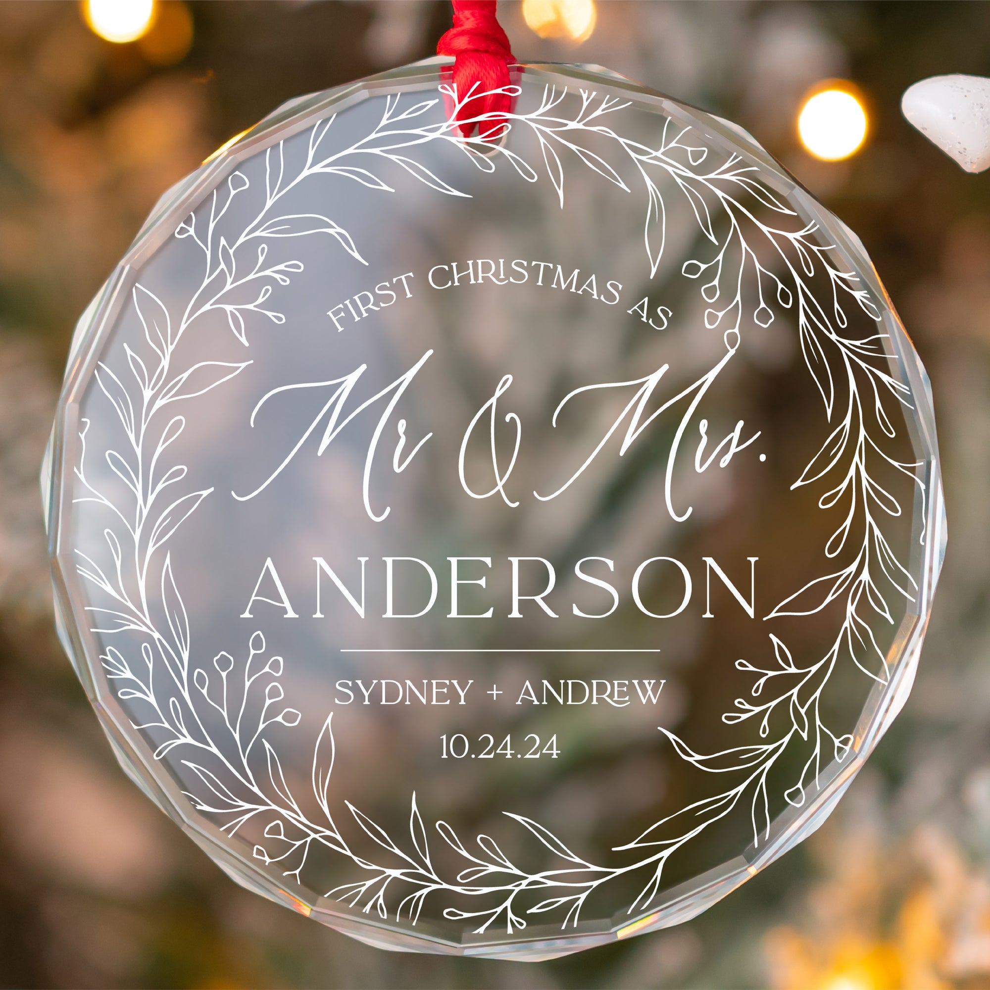 Personalized Our First Christmas As Mr And Mrs Married Ornament, Custom Beveled Crystal Glass Ornament, 2024 Newlyweds Wedding Gift, ORNCRMM