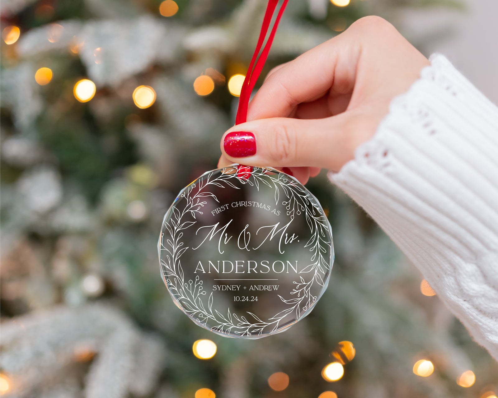 Personalized Our First Christmas As Mr And Mrs Married Ornament, Custom Beveled Crystal Glass Ornament, 2024 Newlyweds Wedding Gift, ORNCRMM