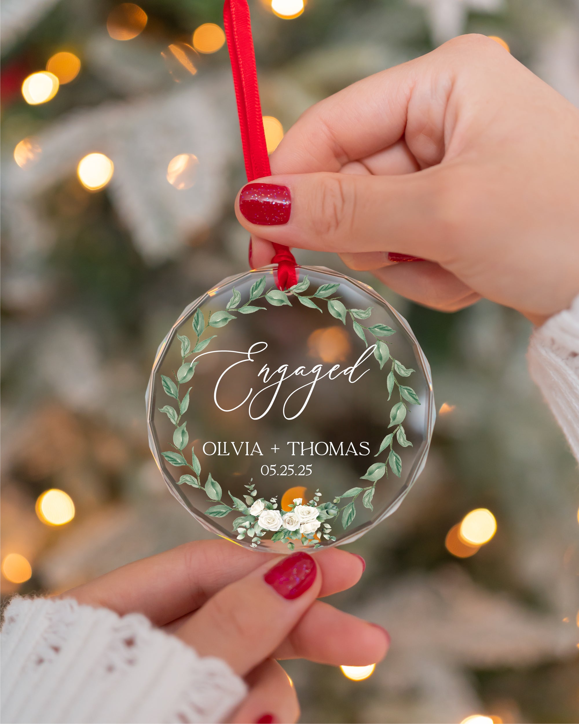 Personalized Our First ENGAGED Couples 2025 Newlyweds Wedding Gift Engagement Announcement Ornament, Custom Beveled Crystal Glass Ornament