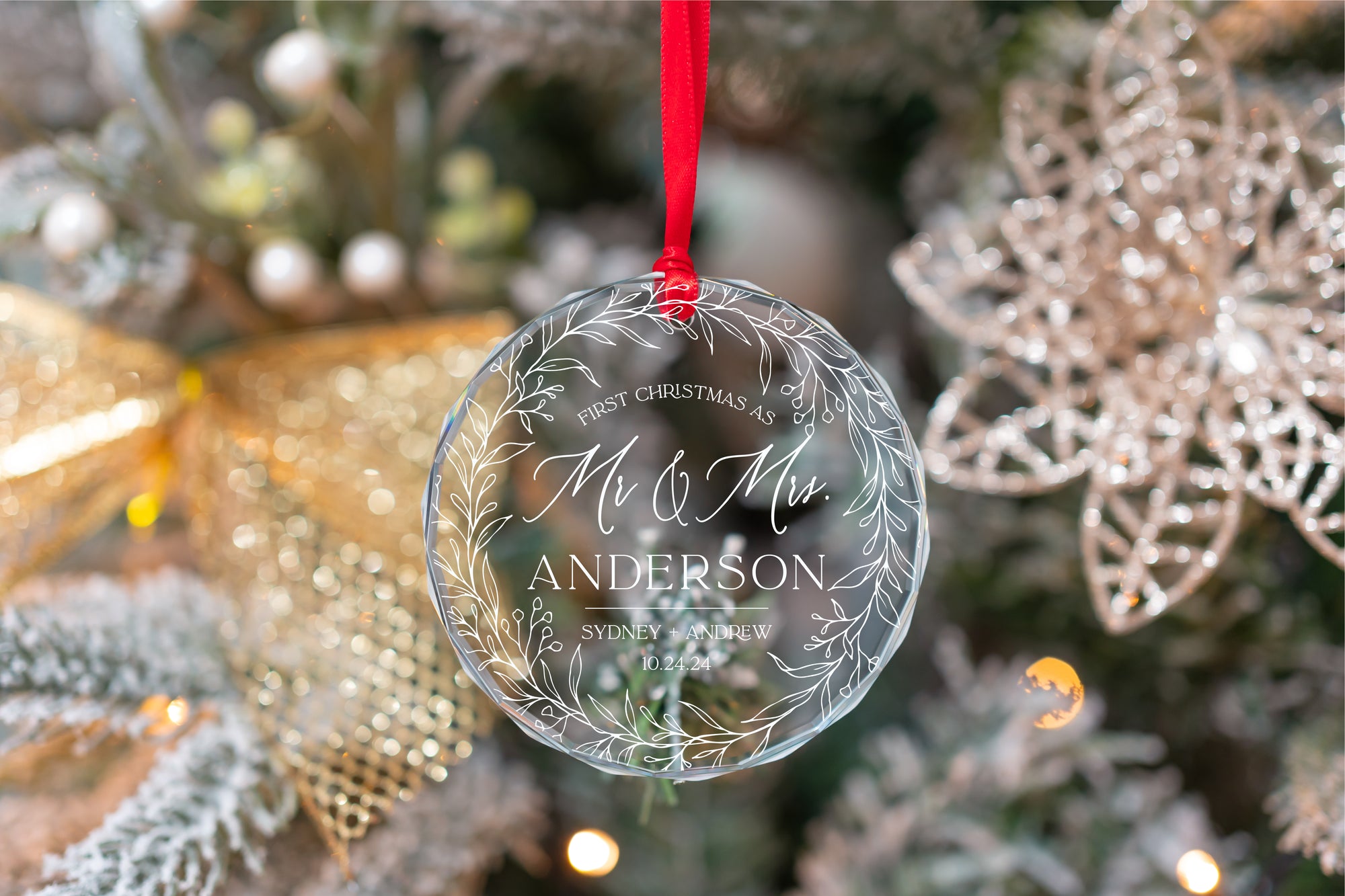 Personalized Our First Christmas As Mr And Mrs Married Ornament, Custom Beveled Crystal Glass Ornament, 2024 Newlyweds Wedding Gift, ORNCRMM