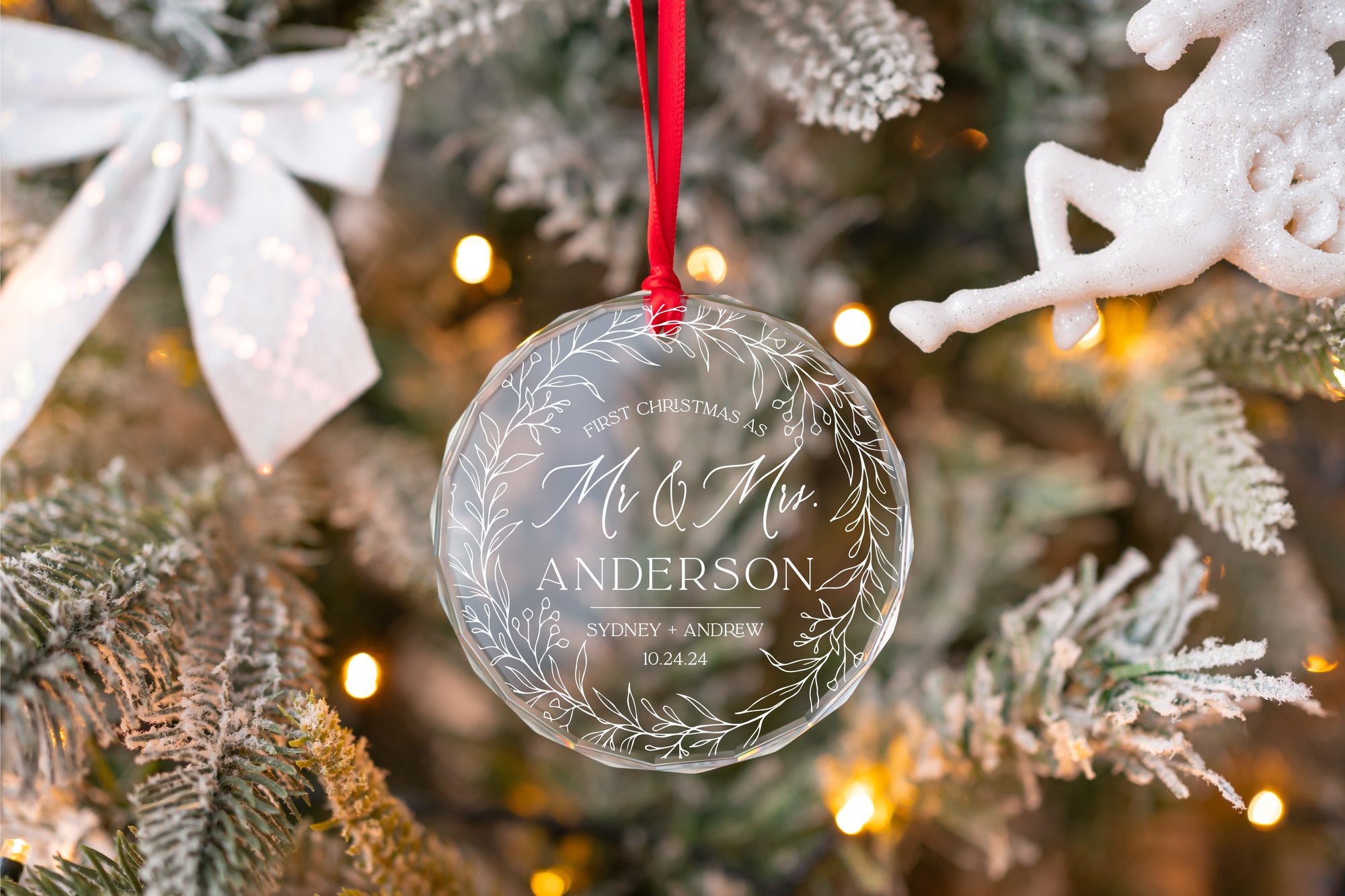 Personalized Our First Christmas As Mr And Mrs Married Ornament, Custom Beveled Crystal Glass Ornament, 2024 Newlyweds Wedding Gift, ORNCRMM