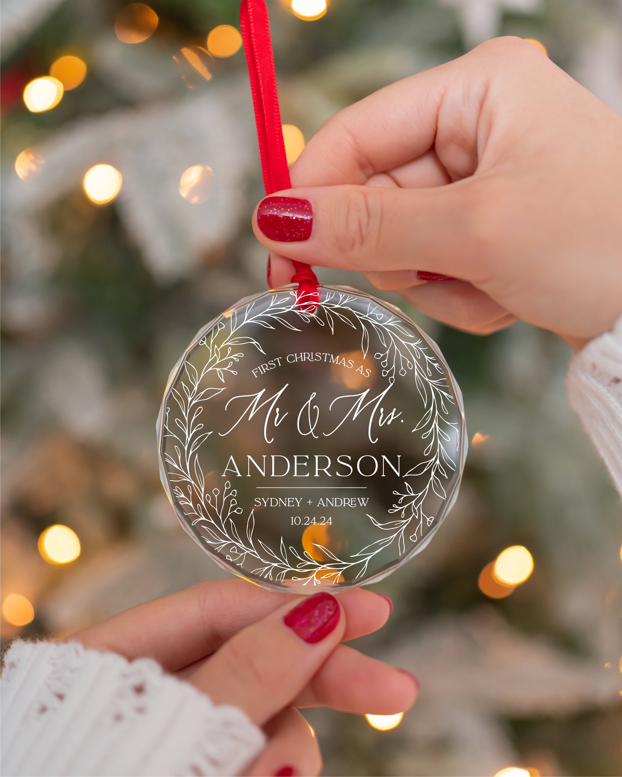 Personalized Our First Christmas As Mr And Mrs Married Ornament, Custom Beveled Crystal Glass Ornament, 2024 Newlyweds Wedding Gift, ORNCRMM