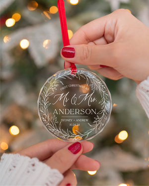 Personalized Our First Christmas As Mr And Mrs Married Ornament, Custom Beveled Crystal Glass Ornament, 2024 Newlyweds Wedding Gift, ORNCRMM