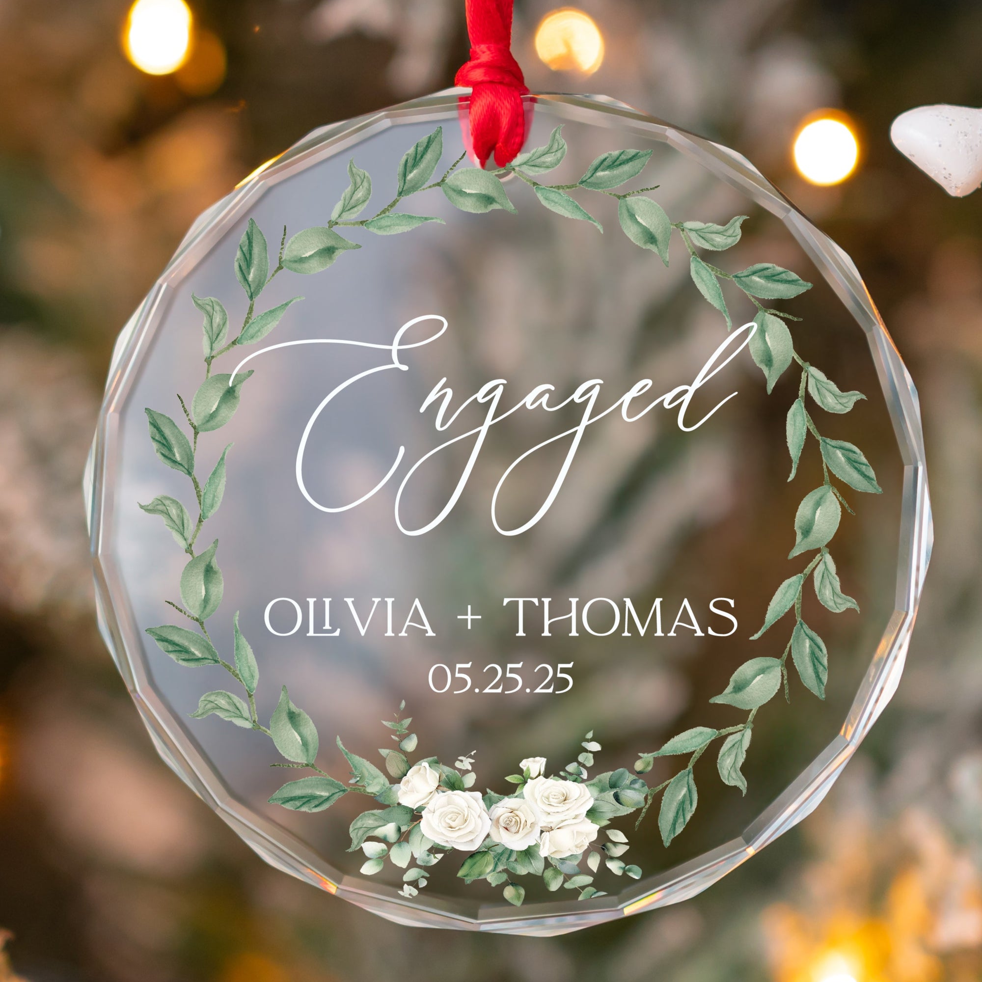 Personalized Our First ENGAGED Couples 2025 Newlyweds Wedding Gift Engagement Announcement Ornament, Custom Beveled Crystal Glass Ornament