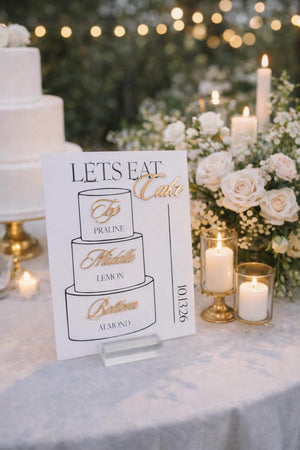 Acrylic Cake Sign Featuring 3D Cake Flavor Labels for Wedding Table Display