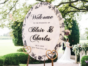 Oval Toile Floral Chinoiserie Bridal Shower or Wedding Reception WELCOME Sign, Luxury Elegant Round Welcome Entrance Signage For Birthdays