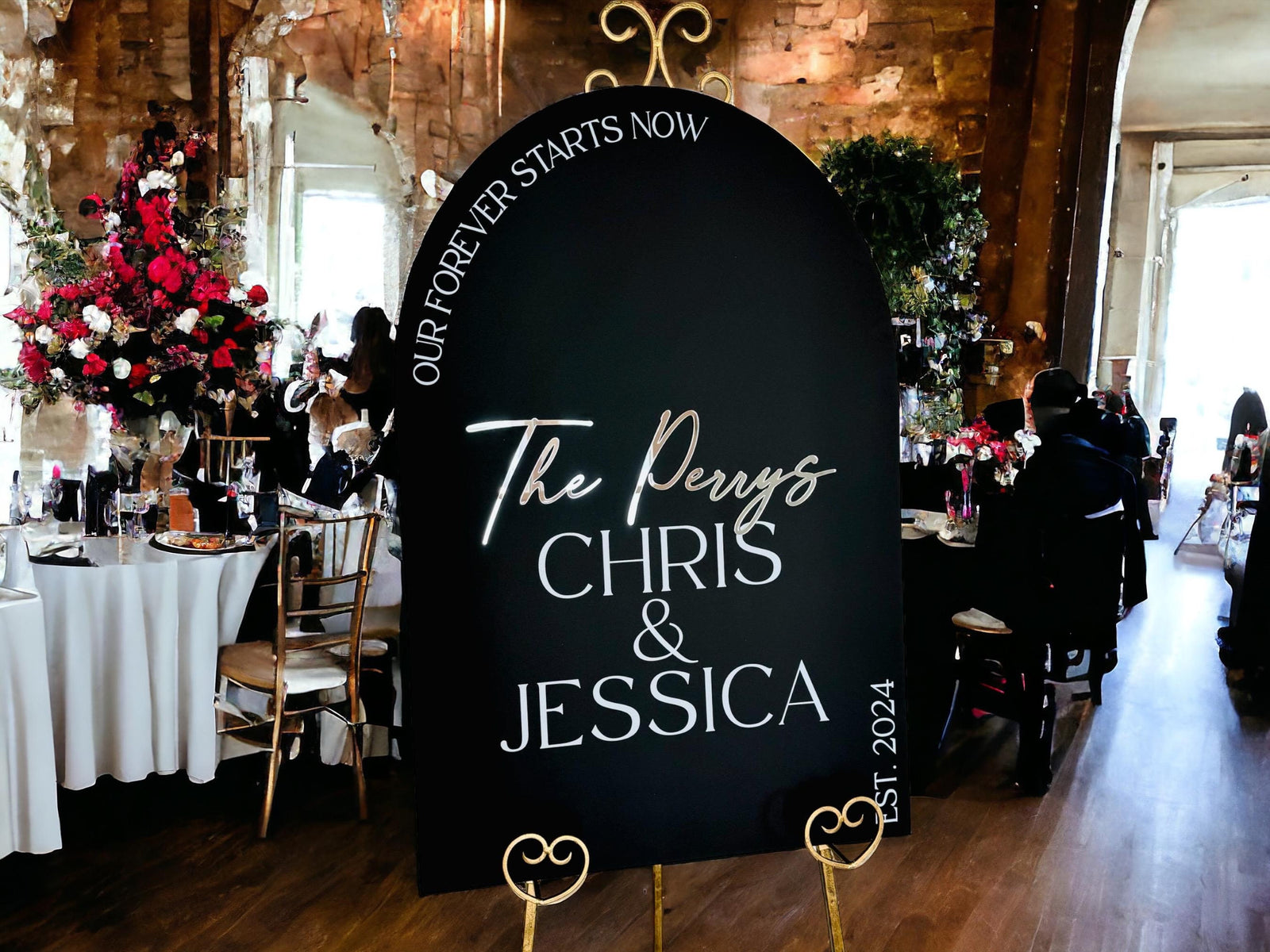 ARCH 3D Our Forever Starts Now Wedding Last Name Acrylic Welcome Sign, Personalized Modern Laser Matte Black Frosted Gold Entrance Signage