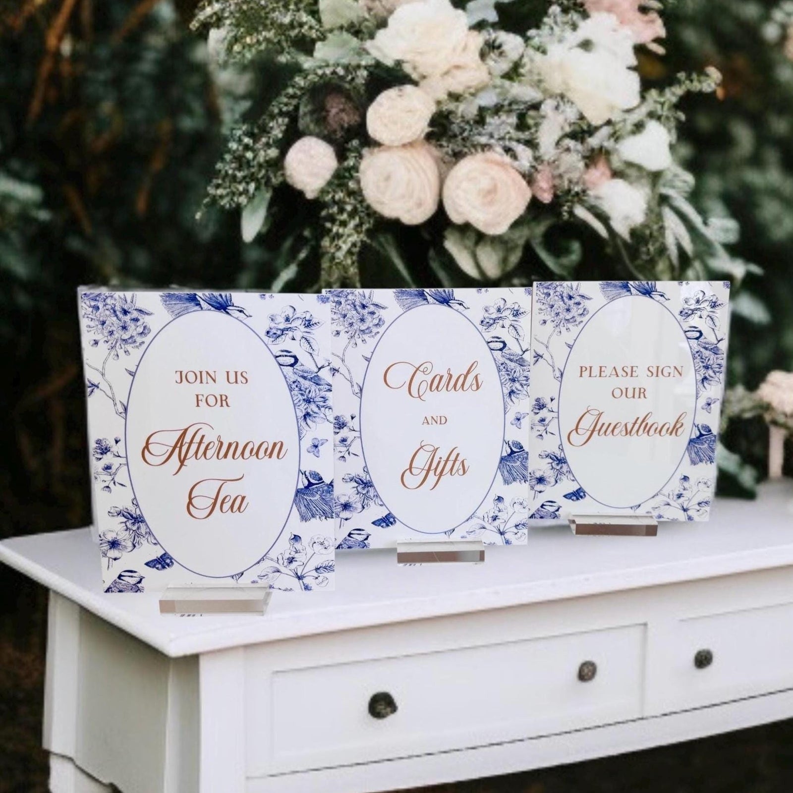 Toile Wedding Signs - Acrylic Wedding Sign Bundle Blue Floral Event Signage