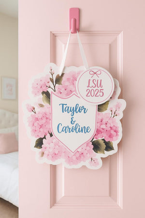 Hydrangea Coquette Bow Door Hanger – Blue & Pink Floral Dorm Decor, 20” UV Printed Sign with Ribbon, College Room or Porch Accent