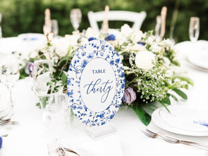 OVAL French Toile Chinoiserie Acrylic Table Number | Blue & White Wedding Sign | Elegant Reception Decor | Vintage-Inspired Event Display