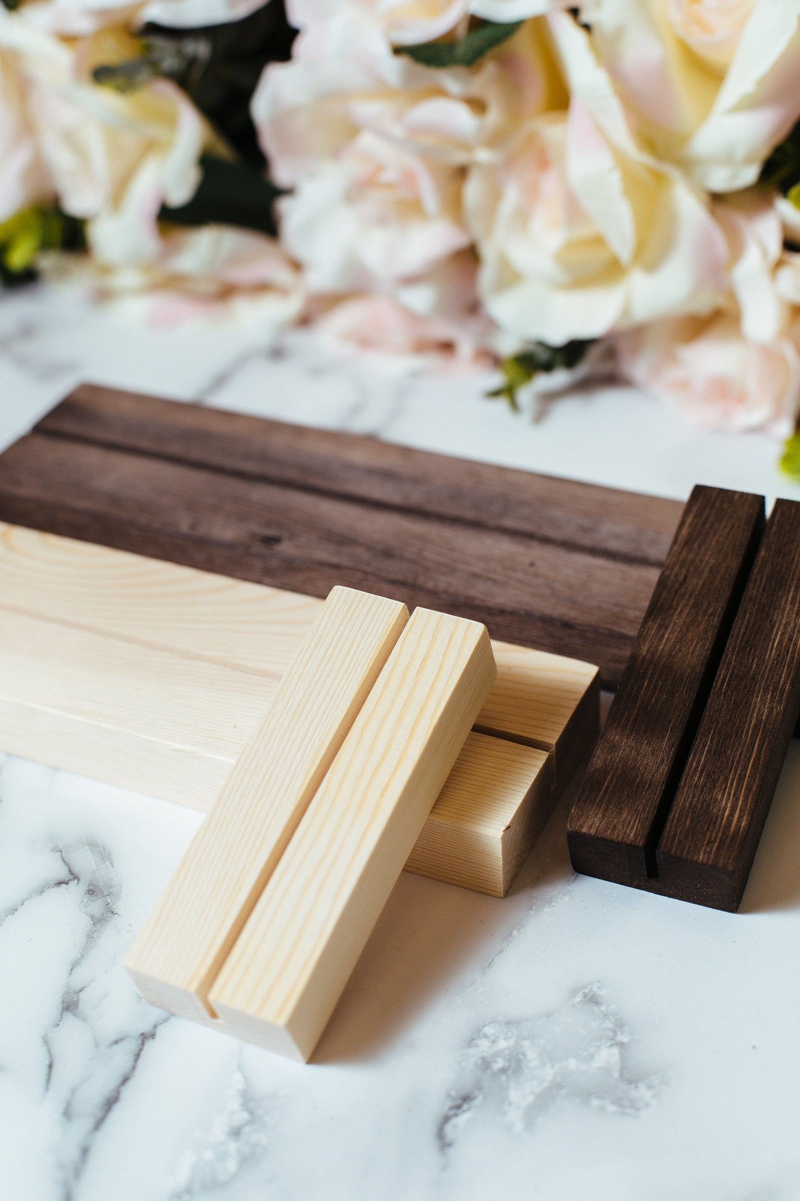 Light and Dark Walnut Wood Sign Card Display Base Holders