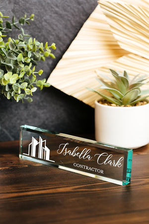 General Contractor Glass Office Desk Name Plate, Clear New Interior Designer, Architect, Project Manager, Sleek and Stylish Office Decor GNP-GCPM