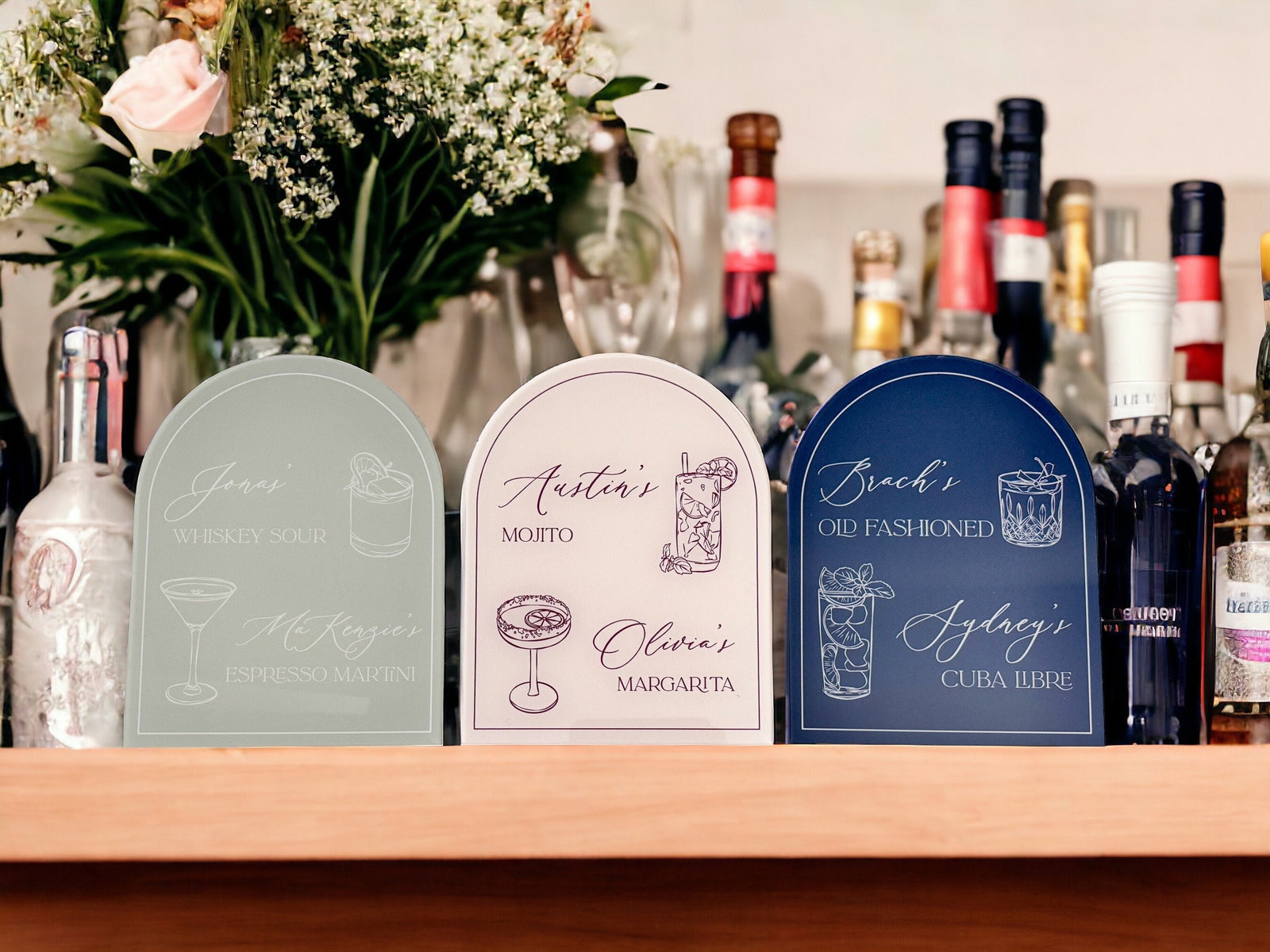ARCH Bar Menu Signature Cocktails Custom Acrylic Wedding Sign, His Her Drink Menu Bar Table Sign, Navy Dusty Blue Blush Gold Sage Mauve