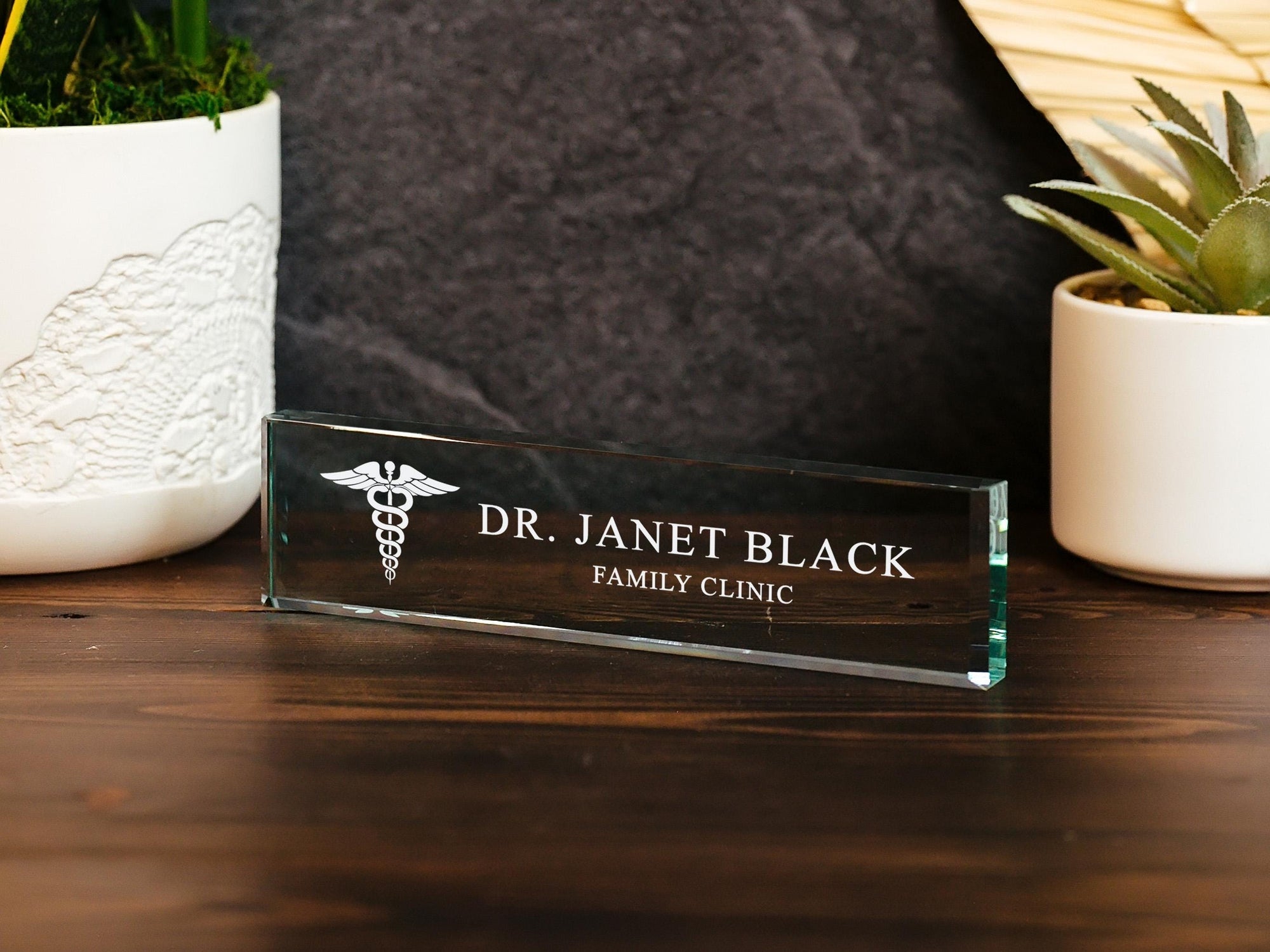 Physician MD Doctor Caduceus Glass Office Name Plate, PA Surgeon Nameplate, Medical Practitioner Appreciation Gift, Med School Graduation