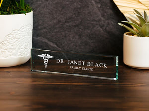 Physician MD Doctor Caduceus Glass Office Name Plate, PA Surgeon Nameplate, Medical Practitioner Appreciation Gift, Med School Graduation