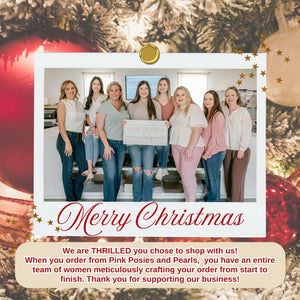 A group of women posing together for a photo, with a Christmas tree and ornaments in the background. The text overlay provides information about the business and expresses gratitude for customers' support.
