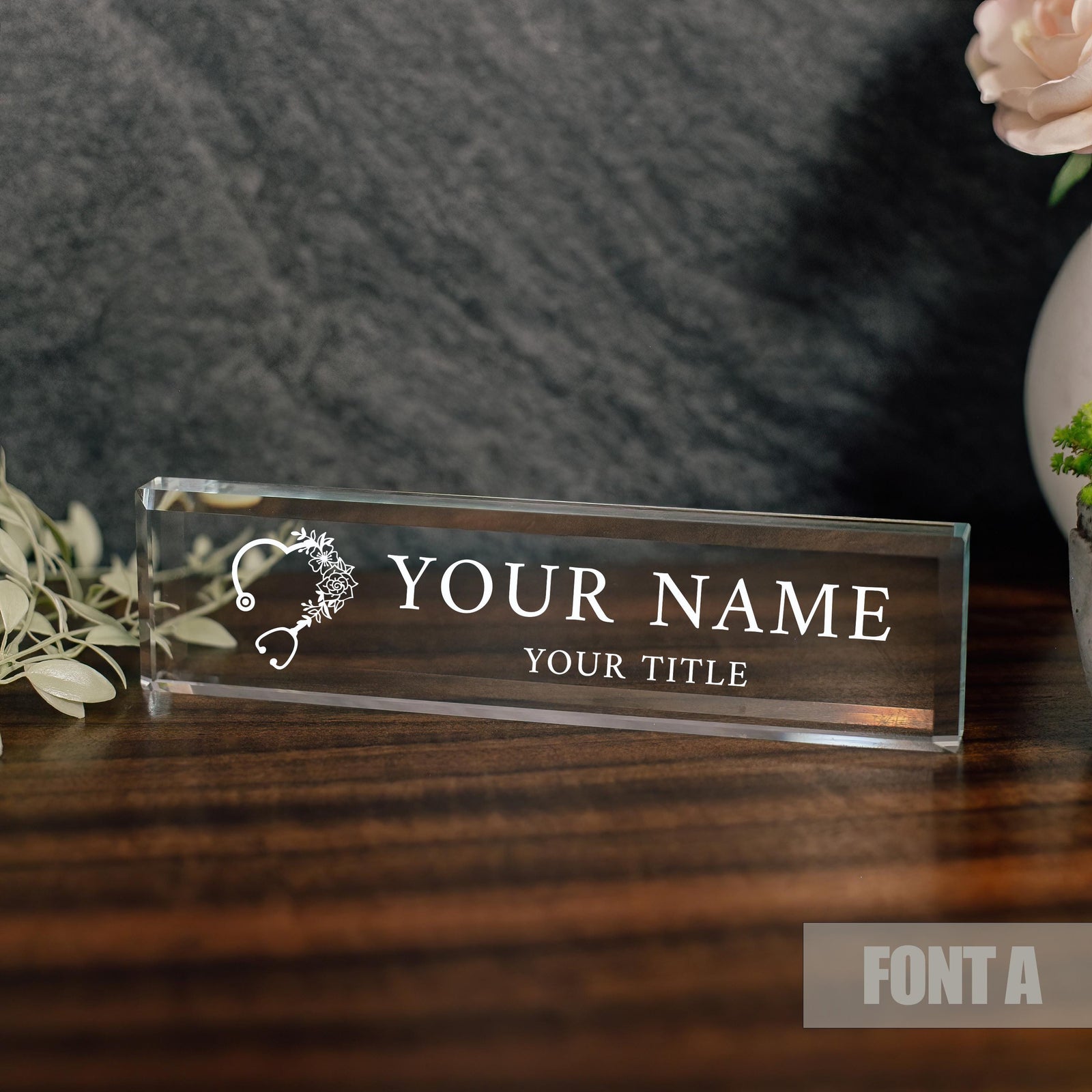 Floral Stethoscope Personalized Glass Nameplate For RN